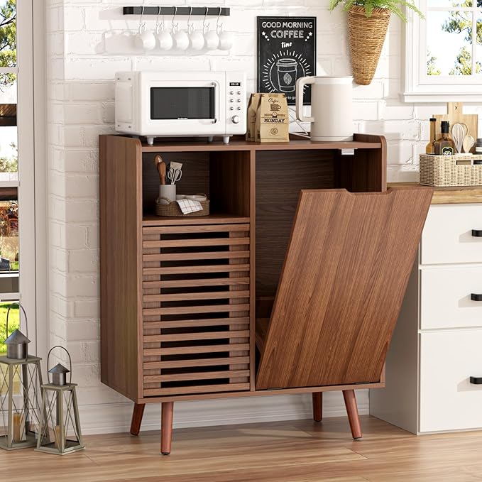 FiveWillowise Storage Cabinet with slatted Door, Tilt Out Trash Can Cabinet for 10 Gallon Wooden Dog-Proof Recycling Bin with Hidden Laundry Basket for Kitchen Island and Dining Room, Walnut