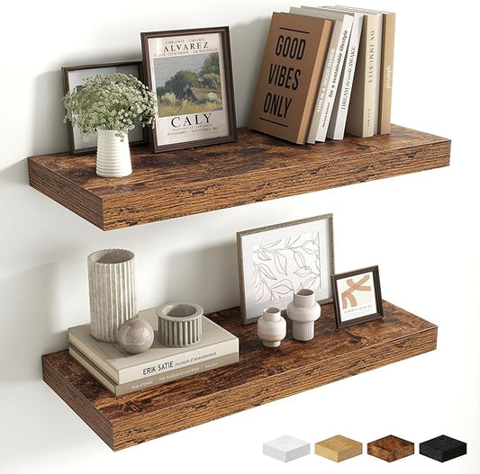 Fun Memories 24 Inch Floating Shelves Wall-Mounted, 10 Inch Deep Wall Shelves, 24 x 10 Floating Shelf for Living Room Bathroom Bedroom, Rustic Brown, Set of 2