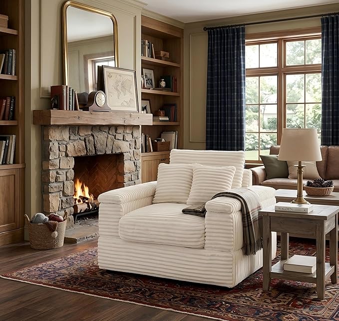Eafurn 43.3" Oversized Accent Chaise Lounge Chair with Ottoman, Modern Corduroy Upholstered Convertible Recliner Armchair Sleeper Lounge Chair with Wood Frame for Living Room Apartment