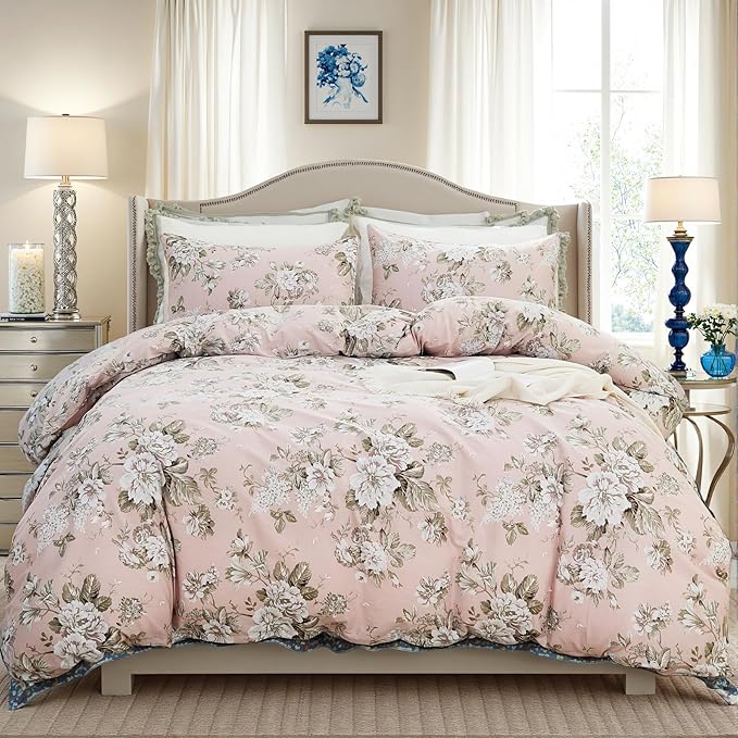 Floral Duvet Cover Queen Size Soft 100% Nature Cotton Vintage Style Pink Bedding Set with Zipper Closure 3 Pcs Cottagecore Botanical Duvet Cover, Ultra Soft, Breathable