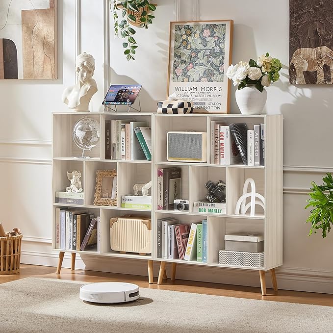 LEYAOYAO Cube Bookshelf 3 Tier Mid-Century Light Grey White Modern Bookcase with Legs,Retro Wood Bookshelves Storage Organizer Shelf,Freestanding Open Book Shelves for Bedroom,Living Room,Office