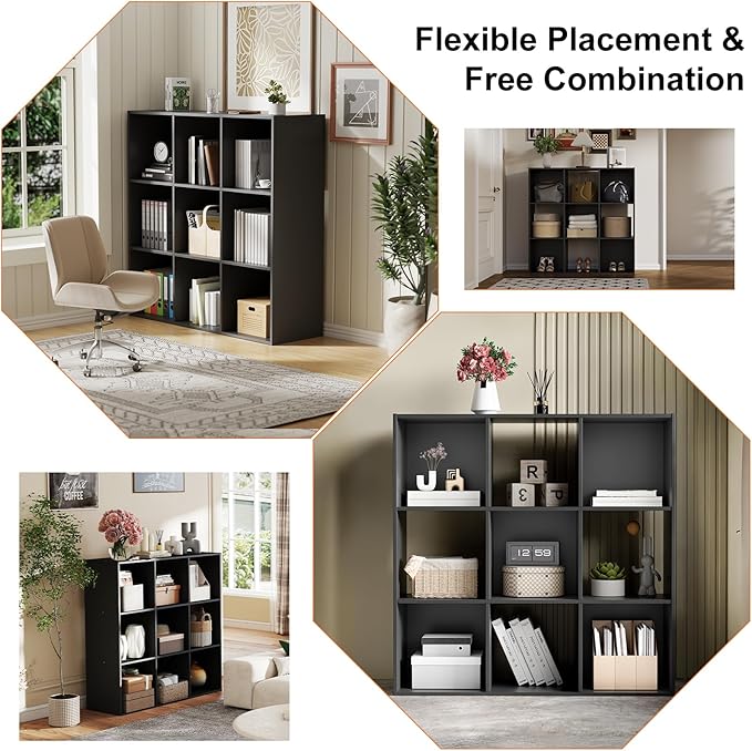 Sweetcrispy 9 Cube Storage Organizer - Open Cube Bookshelf with 5 Removable Back Panels, Display Storage Bookcase for Living Room, Bedroom, Entrance Hall, Home Office，36" Lx11.6 Wx36 H, Black