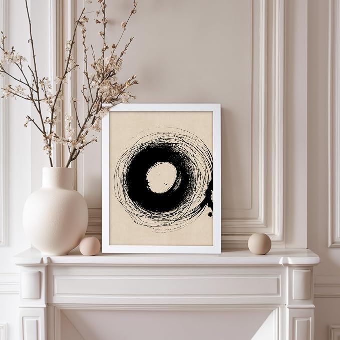 Poster Master Handmade Circle Drawing Poster - Ink Brush Print - Drawing Art - Sketch Design - Abstract Illustration - Great Bedroom or Living Room Wall Decor - 11x14 White Framed