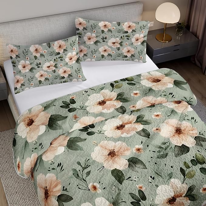AILONEN Queen Quilted Comforter Set 3 Piece Serene Rose Bedspread Coverlet 2 Pillowcases Soft Master Bedroom Couples Romantic Forest Pastoral Country Peony Foliage Petal