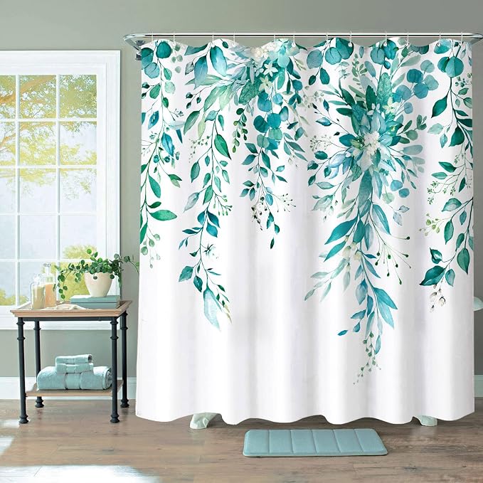 Long Teal Eucalyptus Shower Curtain Watercolor Floral Plant Leaf Shower Curtains for Bathroom Botanical Flower Waterproof Fabric Bath Curtain Decor with Hooks (Teal, 72'' x 78'')