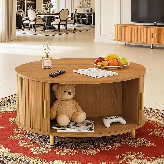DHH Round Coffee Table, 31.5" Mid Century Modern Coffee Table with 360° Sliding Tambour Door, Fluted Accent Coffee Table with Storage,Adjustable Footpads for Living Room, Yellow Walnut