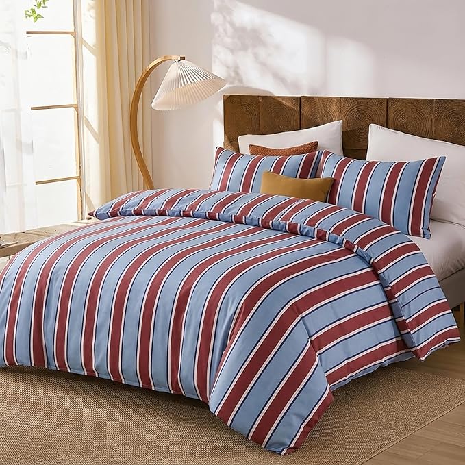 Merryword Burgundy and Blue Striped Duvet Cover Set King Size, 100% Cotton Bedding Set with Zipper Closure & 8 Corner Ties, Awning Stripe Bedding, Soft Breathable Comforter Cover for All Seasons