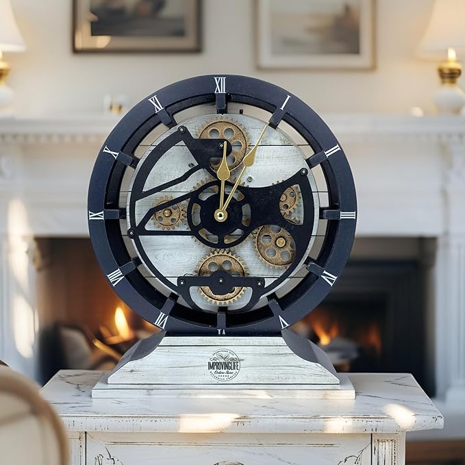 ImprovingLife The Gears Clock Desk Clock 10 inches with Real Moving Gears Convertible into Wall Clock (White Farmhouse)