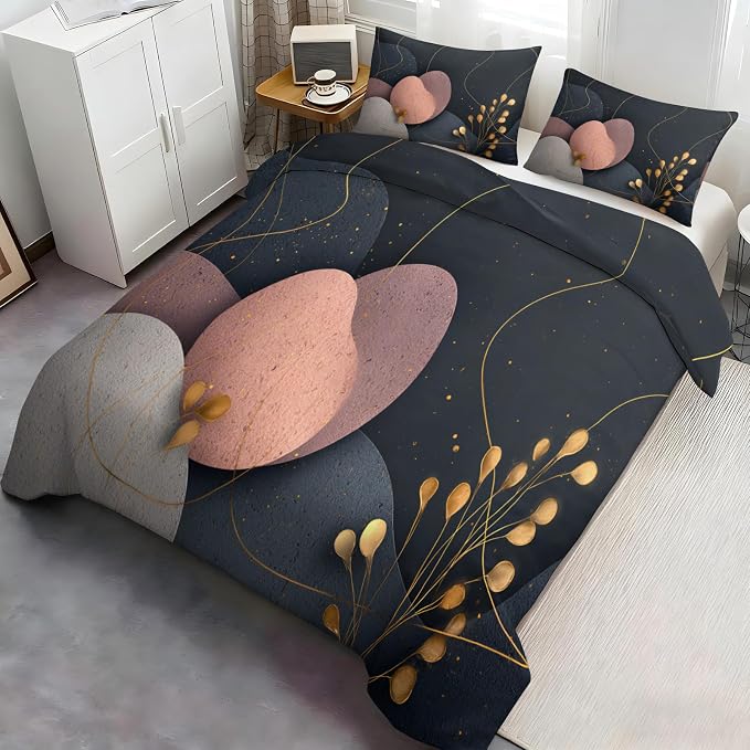Mid Century Modern Abstract Duvet Cover California King, Dark Gray Black Rose Pink Geometric Bedding Set 3 Piece, Abstract Geometric Botanical Patterned Comforter Cover with Zipper, 2 Pillowcases