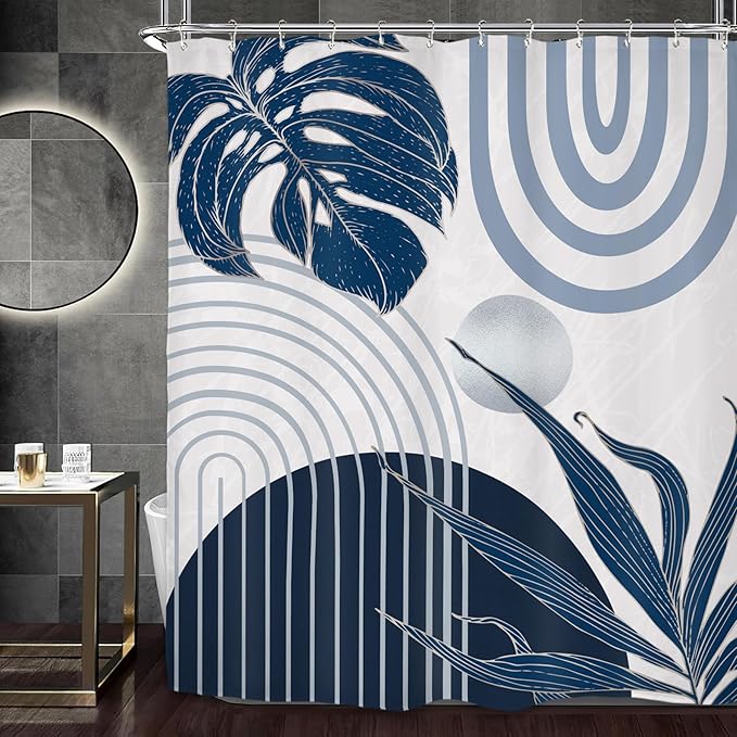 Miyotaa Abstract Blue Minimalist Shower Curtain Set 60Wx71H Inches Modern Aesthetic Mid Century Leaves Contemporary Neutral Plant Waterproof Bathroom Curtain with 12 Hooks