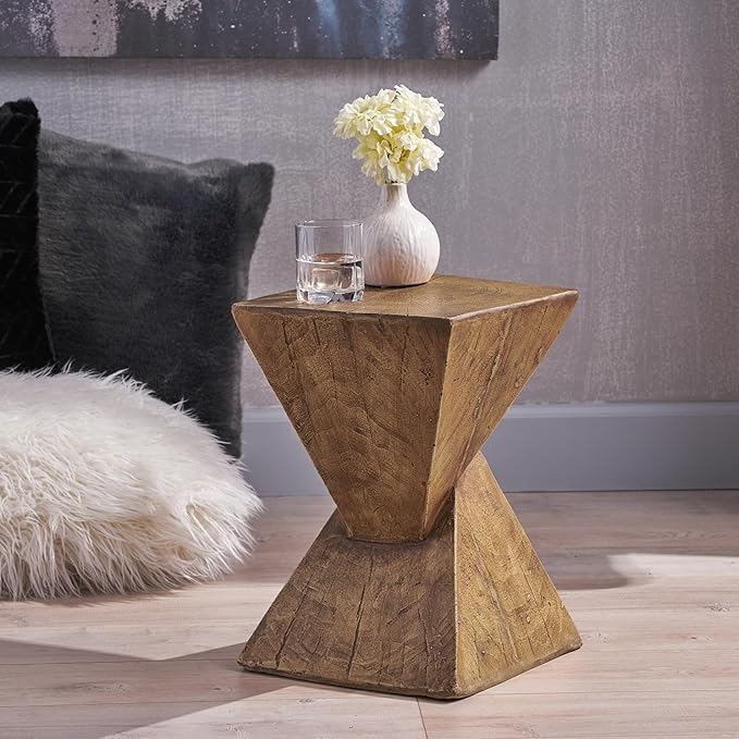 ø12.5'' Square Hourglass Side Table End Table for Living Room, Modern Retro Style, Magnesium Oxide & Light Weight for Indoor & Outdoor, No Assembly, Wood Grain, Natural