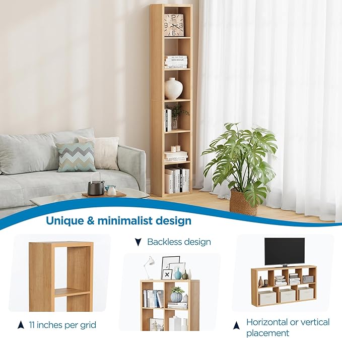6 Cube Storage Organizer Single Row, Cube Shelf with Heavy-Duty Thick Boards, 13.31"L x 9.37"W x 72.36"H, Smooth Easy-Clean Panels, Simple Assembly, for Living Room Bedroom Children Room, Natural Oak