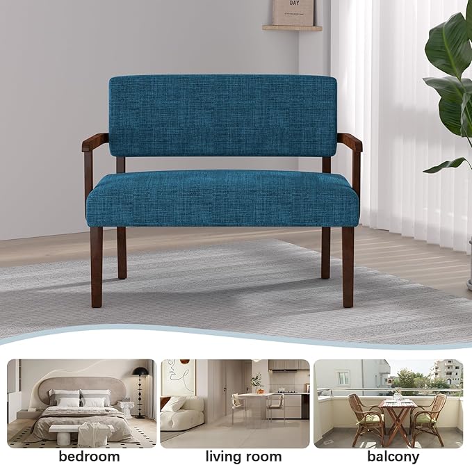 Accent Chair 2 Seat, Upholstered Reading Leisure Chair, Bench with Solid Wood Frame for Dining, Reading,Waiting Rooms (Blue)