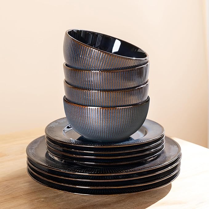 GBHOME Ceramic Dinnerware Sets,12 pcs Embossed Elegant Stoneware Plates and Bowls Sets, Housewarming Wedding Gift | Dishwasher & Microwave Safe | Dishes Set Service for 4