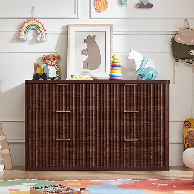 LEYAOYAO Fluted 6 Drawers Dresser Set of 2, 48" Wide Modern Chest of Drawers with Metal Handle, Walnut Curved Profile Dresser TV Stand, Wooden Drawer Organizer for Bedroom, Living Room, Hallway