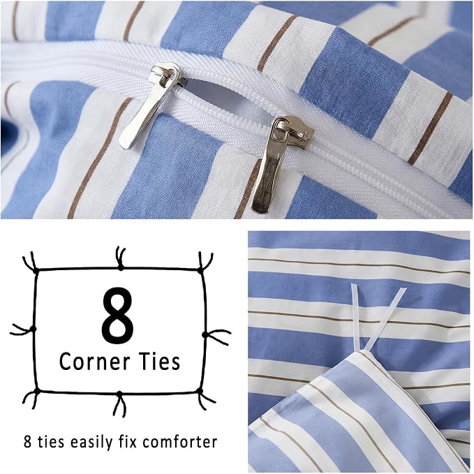 Merryword Blue and White Striped Duvet Cover Set King Size 100% Cotton Bedding Set with Modern Coastal Style Soft Breathable Linen Like Bedding Set 3 Pieces