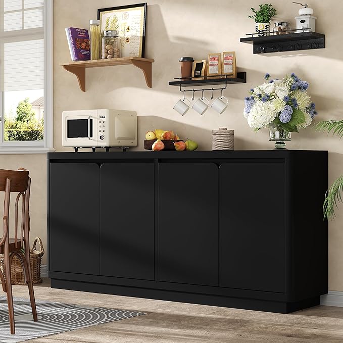 Buffet Cabinet with Storage, Outlet & Adjustable Shelves, Sideboard Cabinet with Double-Arc Doors, Classic Modern Wood Console Table & Credenza for Dining Room & Entryway