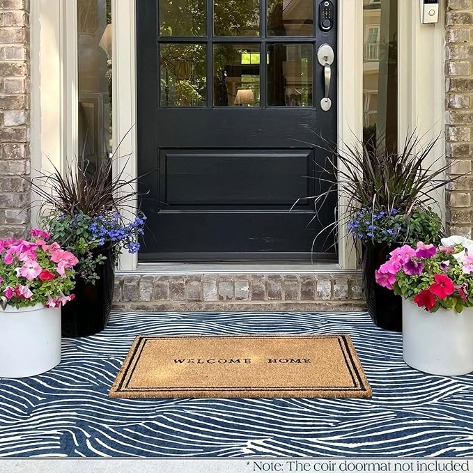3x5 Modern Entry Rug - Small Washable Indoor Outdoor Mats for Front Door Non-Slip Porch Rug Blue White Ocean Wave Striped Throw Rugs for Living Room Bedroom Entryway Kitchen Office Porch Decor