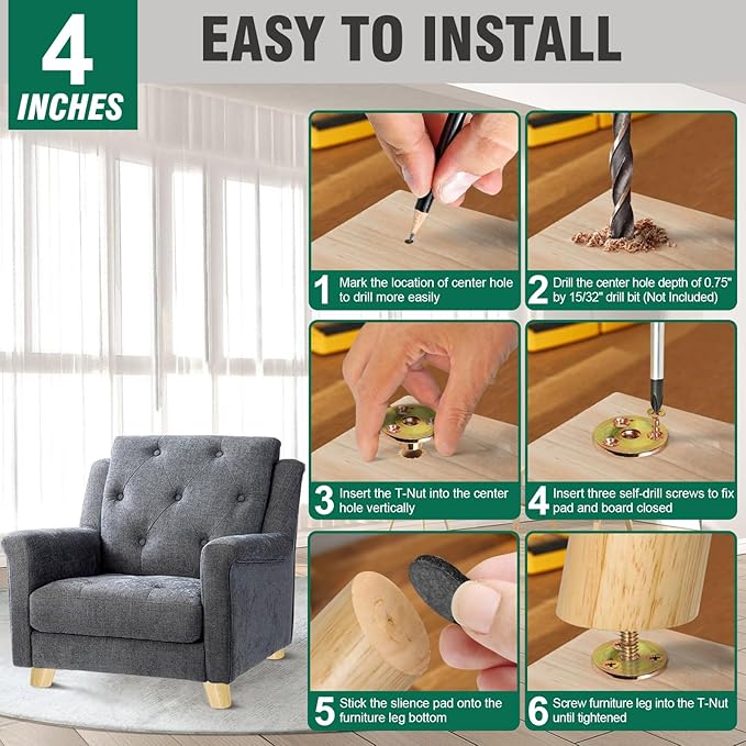 FoDau770 Rubber Wood Furniture Legs 4 Inches, Slant Tapered Wood Feet Mid Century Sofa Legs Set of 4, 5/16" UNC Furniture Feet Replacement Parts for Cabinet Couch Dresser Chair Ottoman Table
