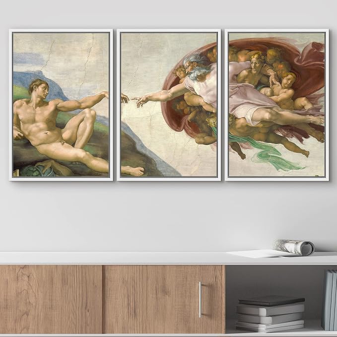 wall26 Framed Canvas Print Wall Art Set Creation of Adam by Michelangelo Cultural Historic Oil Painting Fine Art Reproduction Scenic Colorful for Living Room, Bedroom, Office - 24"x36"x3 White