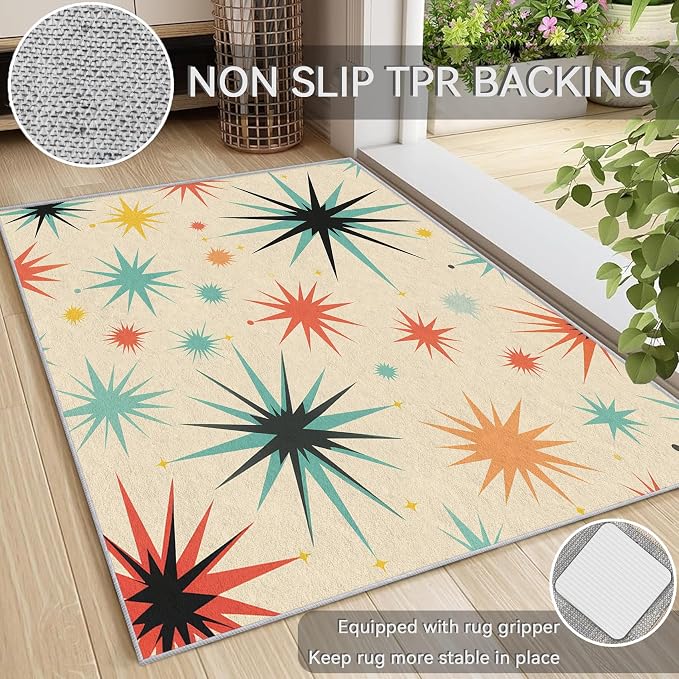 Retro Atomic Rug 8x10, Washable Mid Century Modern Rugs for Living Room Bedroom, Contemporary Geometric Area Rug for Home Decor, Non Slip Backing Floor Carpet with Gripper - 8 x 10 ft