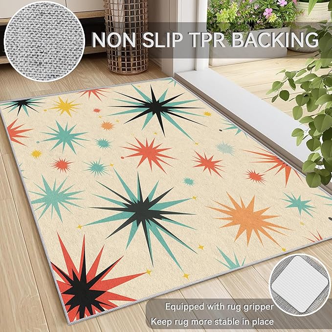 Retro Atomic Rug 4x6, Washable Mid Century Modern Rugs for Living Room Bedroom, Contemporary Geometric Area Rug for Home Decor, Non Slip Backing Floor Carpet with Gripper - 4 x 6 ft
