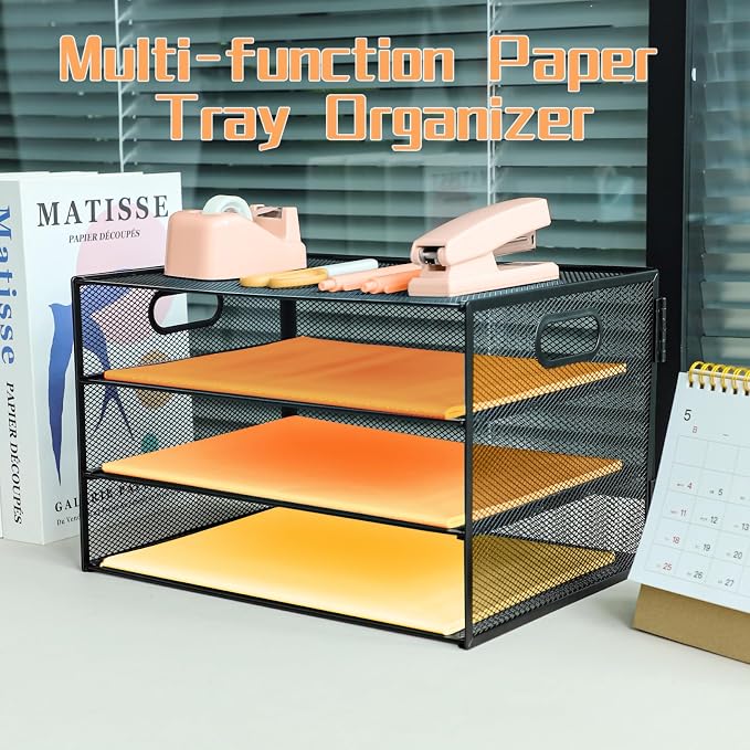 3 Tier Letter Tray Paper Organizer with Handle Desk Paper Organizer Tray, Desktop File Folder sorter Holder for Home Office School