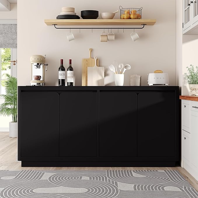 Buffet Cabinet with Storage, Outlet & Adjustable Shelves, Sideboard Cabinet with Double-Arc Doors, Classic Modern Wood Console Table & Credenza for Dining Room & Entryway