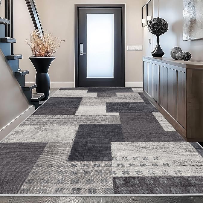 Modern Geometric Patchwork Indoor Area Rug for Living Room, Charcoal 4'x 6' Large Rug Rockwood Collection Hardwood Floors Decor for Bedroom, Grey Throw Carpet for Office Entryway Dining Room