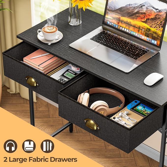 DAOUTIME Black Writing Desk for Kids Bedroom, 31.5 Inch Small Computer Desk for Small Spaces, Simple Desk with 2 Fabric Drawers for Home Office, Dorm, Living Room, Home Study Table, Black