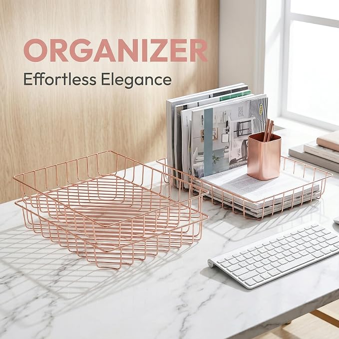 Okllen 3 Pack Wire File Tray, Rose Gold Desk Paper Letter Tray, Magazine Files Storage Basket Organizer Bin for Office, Pantry Home, Classroom, School