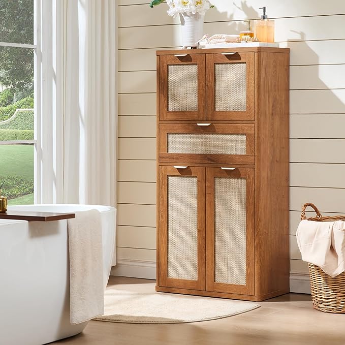 LEYAOYAO 48" Tall Storage Cabinet,Rattan Bathroom Floor Cabinets with 4 Doors & 1Drawer,Boho Kitchen Pantry with Adjustable Shelves,Wooden Cupboard for Living Room,Home Office,Dining,Brown