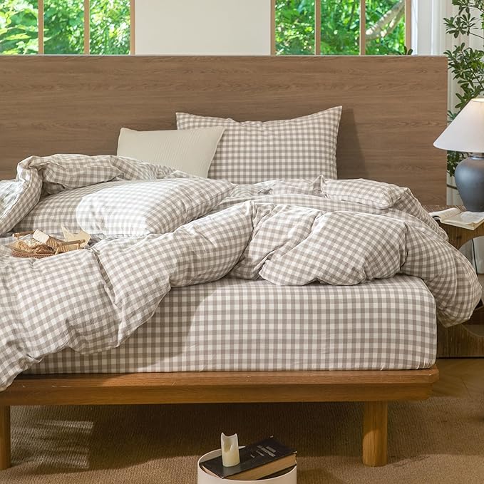 MooMee Gingham Duvet Cover Set 100% Washed Cotton Linen Like Textured Breathable Durable Soft Comfy Modern Checkered Design (Tannish Linen Grey Gingham, Queen 90"x90")