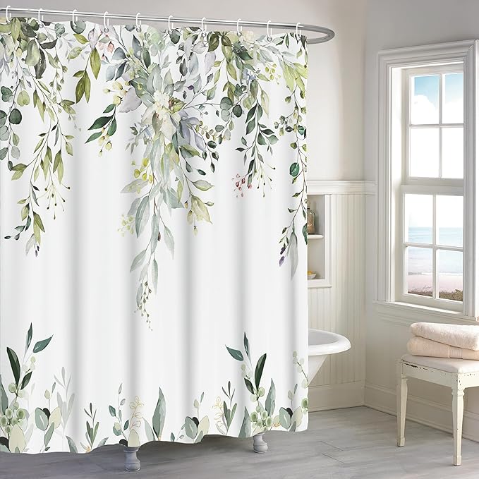 Sage Green Eucalyptus Extra Long Shower Curtain, Watercolor Leaves Plant Spring Floral Waterproof Fabric Machine Washable with Hooks for Bathroom Bathtub Decor 72Wx84H