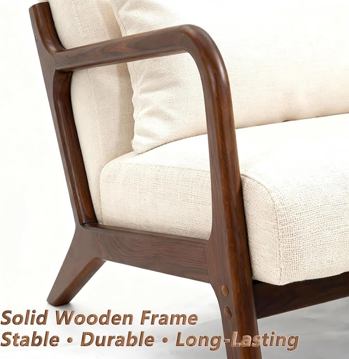 Set of 2 Mid Century Modern Accent Chair - Solid Rubberwood Frame Reading Armchair with Lumbar Pillow - Comfy Linen Lounge Chair for Living Room Bedroom Small Space - Heavy Duty 350lbs