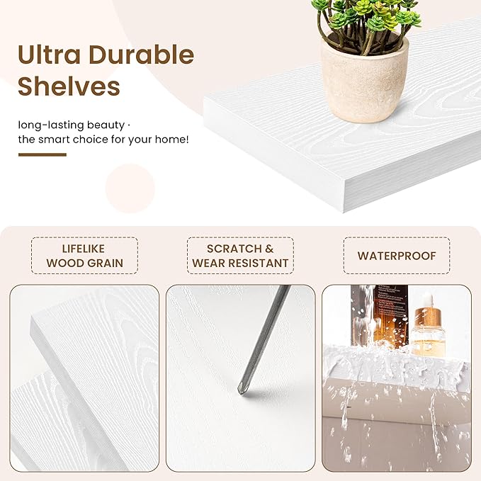 55in Floating Shelves for Wall, 55"W x 9.25"D x 1.5"H, Long Wall Mounted Engineered Wood Shelves with Invisible Brackets for Living Room, Bedroom, Bathroom, Kitchen Decor and Storage, White