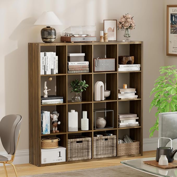 16 Cube Storage Organizer Bookcase, Thick Frame Wood Grain Storage Shelf, Rectangular Cube Open Back Display Unit, 48.8x9.4x48.8 Inches for Living Room, Bedroom, Home Office, Children's Room, Brown