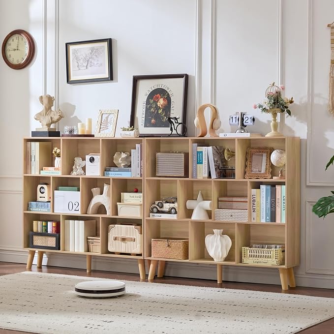 LEYAOYAO 10 Cube Bookshelf,3 Tier Modern Wide Bookcase with Legs,Mid-Century Wood Bookshelves Storage，Light Wood Large Book Case,Freestanding Organizer Display Shelf for Bedroom,Living Room,Office
