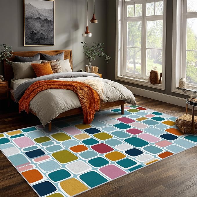 Mid Century Modern Rugs 6x9, Geometric Retro Washable 6 x 9 Area Rug for Living Room, Bedroom, Low Pile Non Slip Stain Resistant Carpet, Mid Century Home Decor Accessories & M912