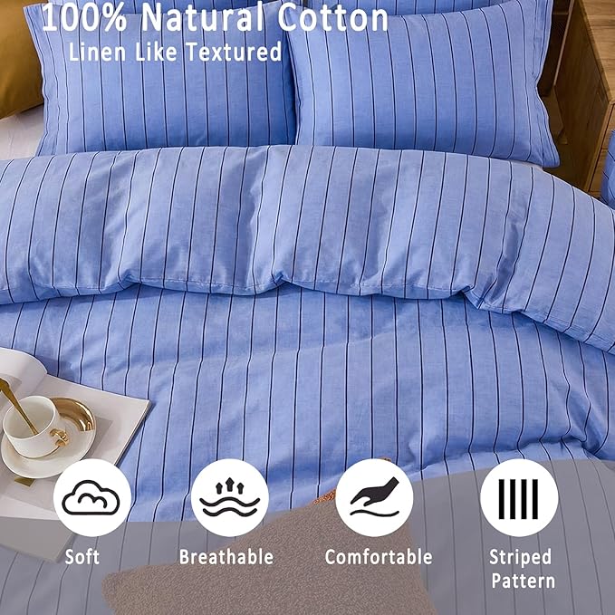 Merryword Blue Striped Duvet Cover Set King Size, 100% Cotton Denim Blue Bedding Set with Zipper Closure & 8 Corner Ties, Luxury Linen Like Bedding, Soft Breathable Comforter Cover for All Seasons