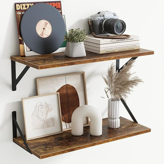 Floating Shelves for Wall Decor,24" Wx8 D Wall Mount Floating Bookshelf Set of 2,Hanging Storage Shelf with Sturdy Metal Brackets,Wooden Shelf for Living Room,Bedroom,Bathroom,Rustic Brown