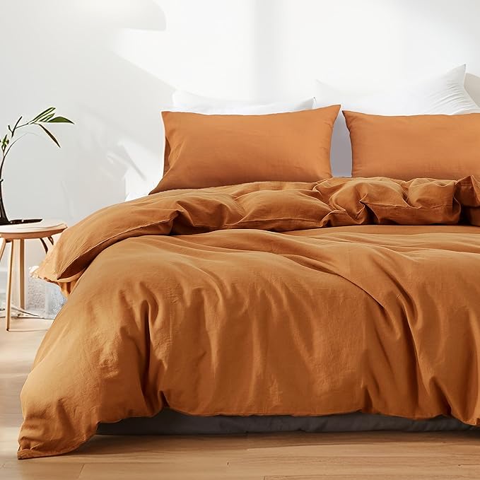 FALUCA French Linen Blend Duvet Cover Set 3Pcs King (104"x92") - Soft, Breathable, Cooling Farmhouse Bedding for Hot Sleeper (King, Burnt Orange/Rust)