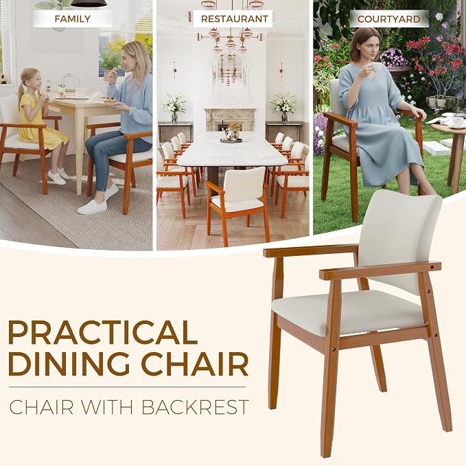 Mid Century Modern Walnut Dining Chairs Wood Arm Beige Fabric Kitchen Cafe Living Room Decor Furniture