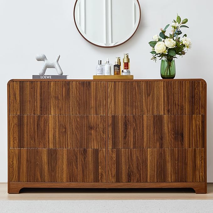 BERRYMERRY Fluted 6 Drawers Dresser for Bedroom, 53" Wide Chest of Drawer with Rounded Edge,Mid Century Modern Large Double Wood Dresser for Living Room Bedroom