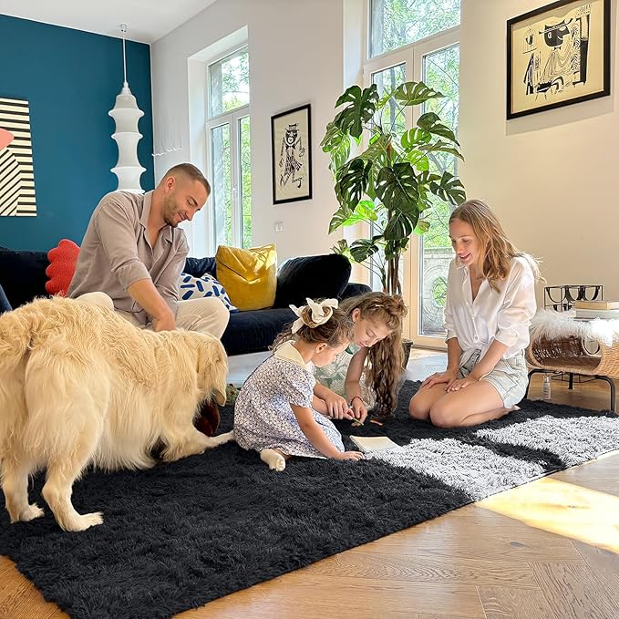 OLANLY 3x12 Machine Washable Runner Rugs for Hallway, Soft Fluffy Shaggy Bedside Rugs for Bedroom, Living Room, Indoor Floor Carpet for Kids Girls and Boys, Nursery Rooms, Home Decor Aesthetic, Black