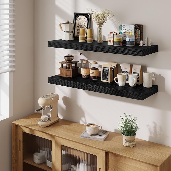 Fun Memories Floating Shelves for Wall, 40 Inch Floating Shelf for Home Decor, Wall Mounted Rustic Wood Shelves 12 Inch Deep, Hanging Deep Shelf for Bedroom, Living Room, Kitchen, Black, Set of 2