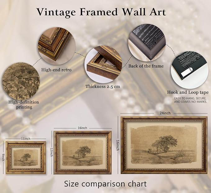 Vintage Gold Framed Sepia Country Landscape Sketch Wall Art, Rustic Tree Grove Canvas Prints, Antique Rural Path Drawing Poster Artwork for Modern Farmhouse Living Room Office Wall Decor，9x11in