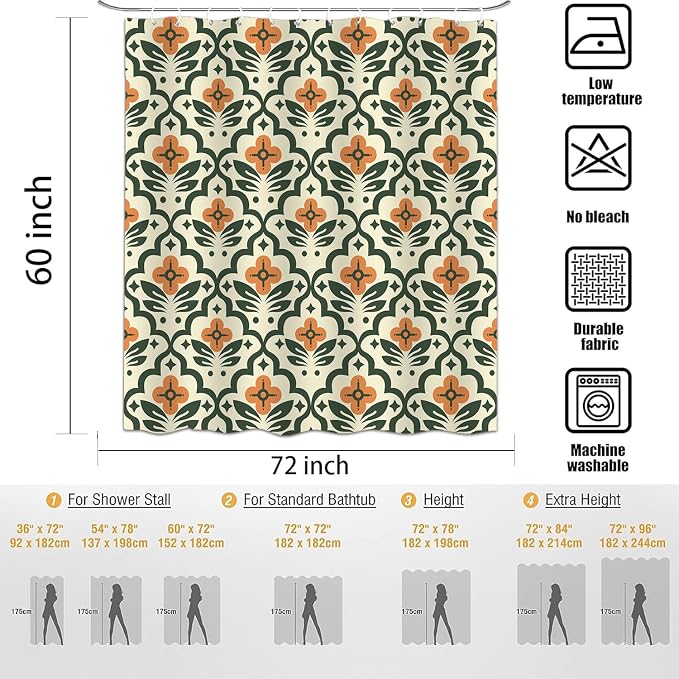 Vintage Boho Floral Shower Curtain，Mid Century Modern Abstract Orange Green Bathroom Curtain，Polyester Fabric Waterproof Bath Curtains 60x72 Inch with 12 Hooks