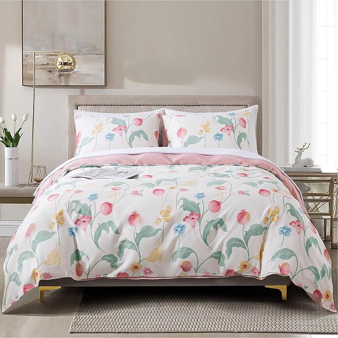 HoneiLife Cotton Duvet Cover King - Fruits Comforter Cover 3-PC, Botanical Bedlinen Set with Zipper Closure & Corner Ties, Pomegranate Comforter Cover Sets