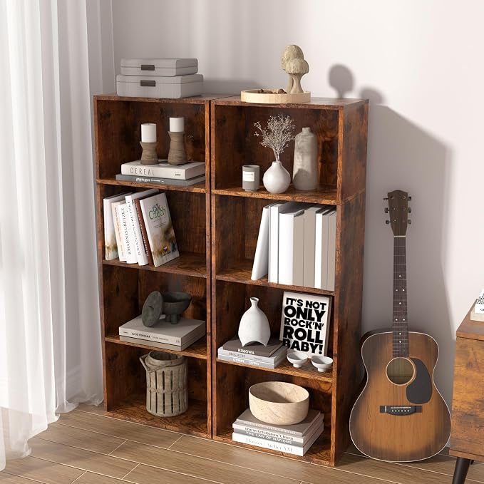 Wooden 4 Cube Storage Organizer, 4 Tier Tall Vintage Bookshelf Freestanding Storage Display Organizer, Versatile Cubes Shelf and Cubby Unit for Living Room, Bedroom, Home Office 15.7inch